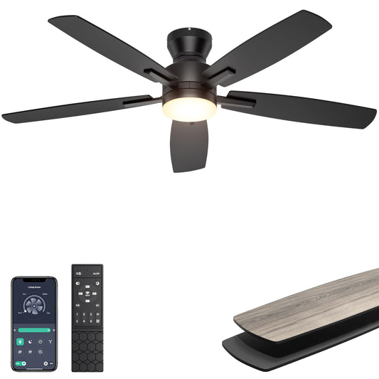 Ohniyou 52'' Ceiling Fan with Lights: Smart Fan with remote & APP Control - Low Profile Ceiling Fan with Quiet Performance - Flush Mount Outdoor Ceiling Fan (Black) - Available at All In One Marketplace Canada