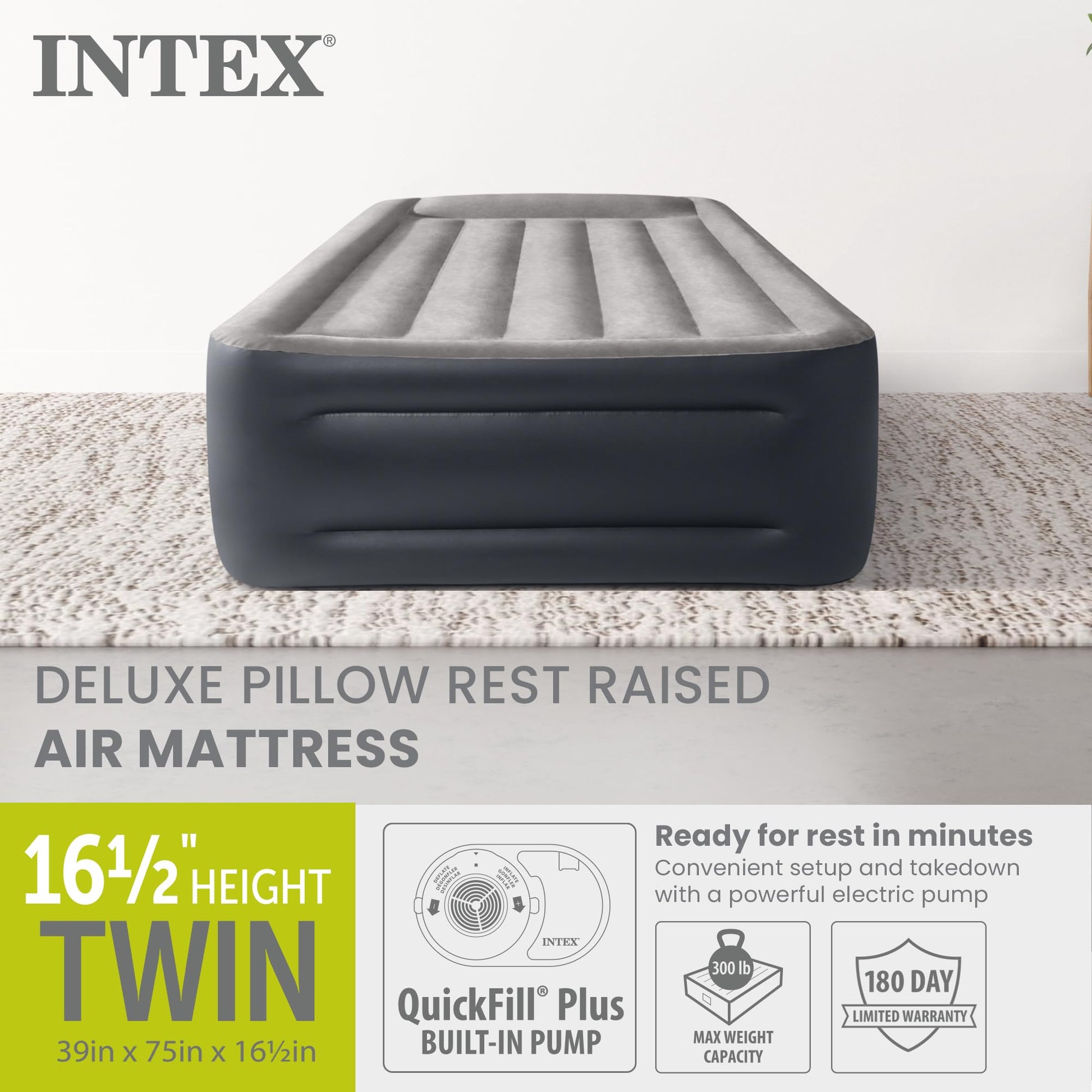 INTEX 64131ED Dura-Beam Plus Deluxe Pillow Rest Air Mattress: Fiber-Tech – Twin Size – Built-in Electric Pump – 16.5in Bed Height – 300lb Weight Capacity Intex