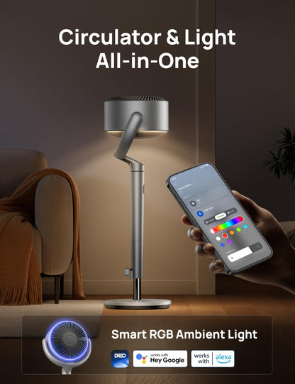 DREO Smart Fans for Bedroom, 120° +120° Omni-Directional Oscillating Fan, 90ft Quiet Pedestal Fan with RGB Light, 9 Speeds, 6 Modes, 20dB, 8H Timer, Wi-Fi/Voice, 37-42" Floor Fans with Remote, Silver