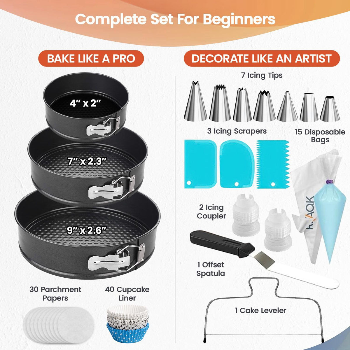 Cake Pans with Baking Supplies | 100 Pcs Springform Pan Set Includes 3 Round Non-Stick Moule a Gateau (4,7,9 inches Baking Pan)-Icing Tips-Leveler–Leak Proof Cheesecake Pan-Baking Set & EBook By RFAQK 🍁 All In One Marketplace Canada