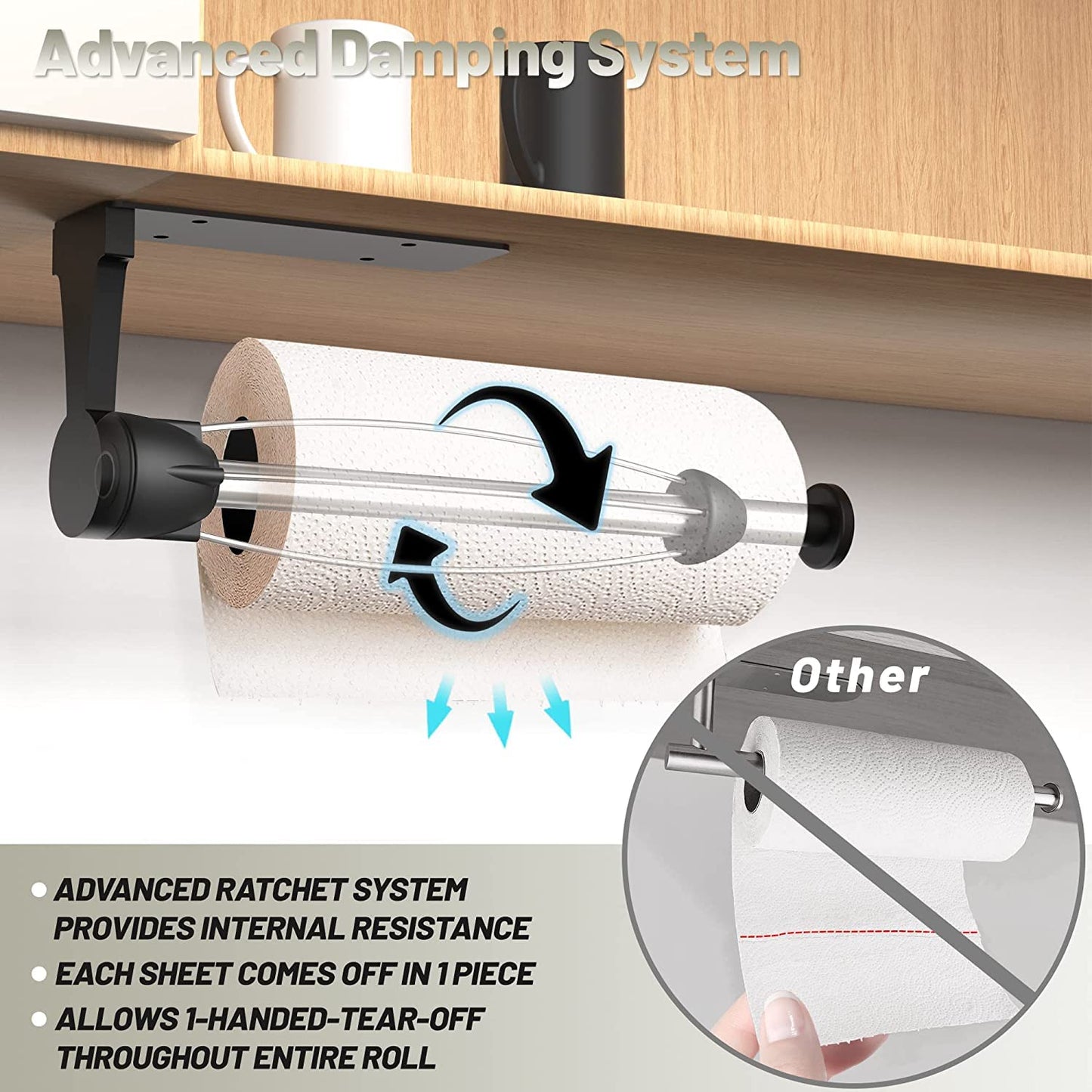 VEHHE Paper Towel Holder Under Cabinet with Ratchet System, Single Hand Operable Paper Towel Holder Wall Mount with Damping Effect, Self-Adhesive Papers Towels Holders or Drilled for Kitchen (Black) - Available at All In One Marketplace Canada