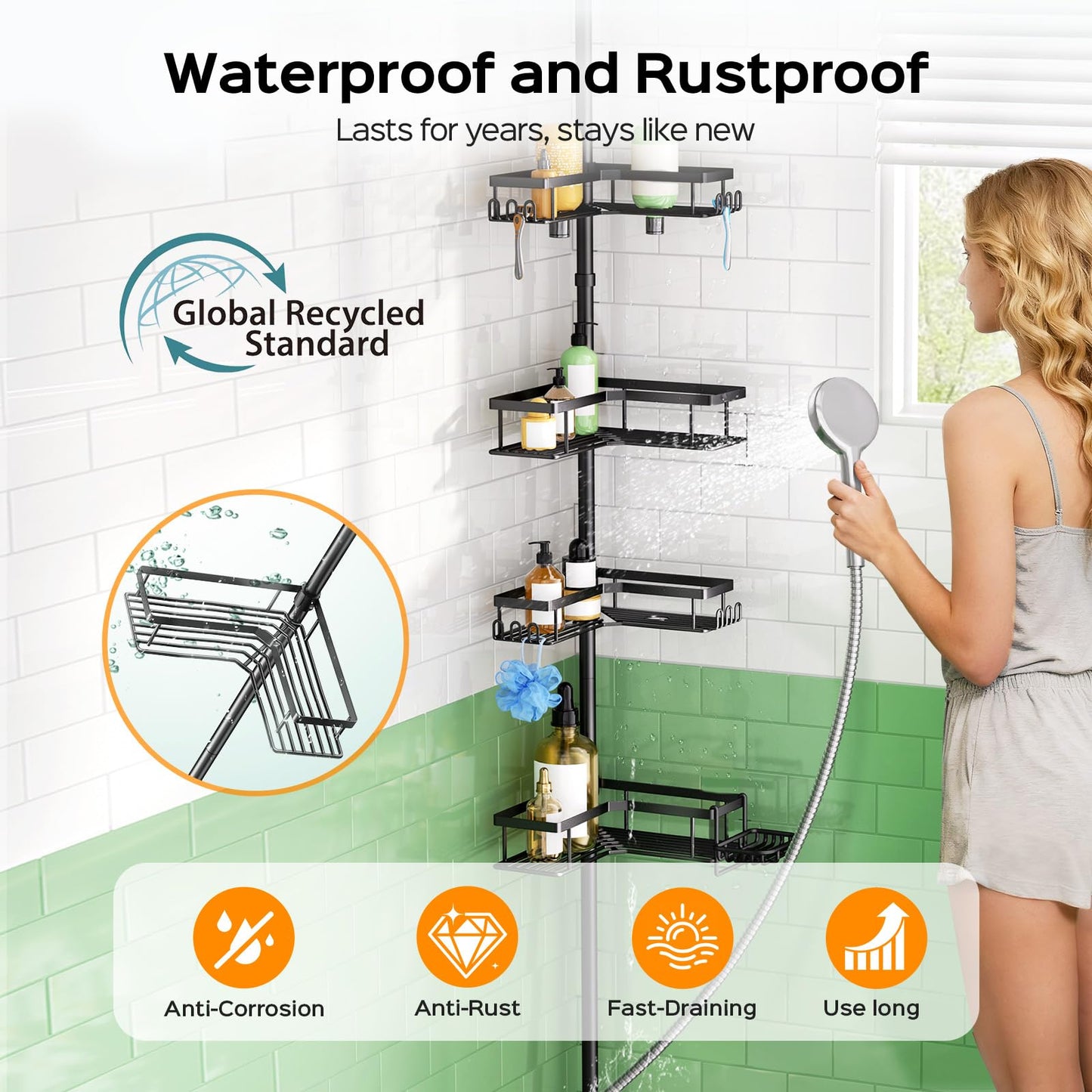 HAMITOR Corner Shower Caddy Tension Pole: Sturdy Stainless Steel Shower Organizer - 4-Tier Adjustable Large-Capacity Shower Shelf- No Drill Bathroom Organizers For Small Bathrooms - 47-121inch - Available at All In One Marketplace Canada