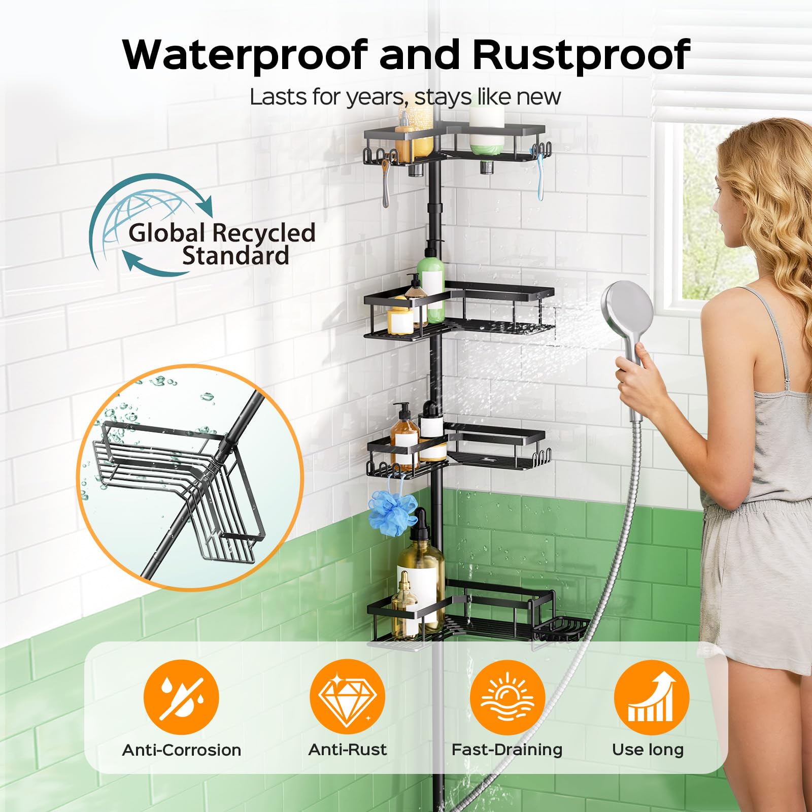 HAMITOR Corner Shower Caddy Tension Pole: Sturdy Stainless Steel Shower Organizer - 4-Tier Adjustable Large-Capacity Shower Shelf- No Drill Bathroom Organizers For Small Bathrooms - 47-121inch - Available at All In One Marketplace Canada