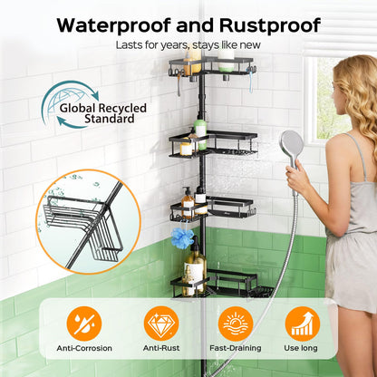 HAMITOR Corner Shower Caddy Tension Pole: Sturdy Stainless Steel Shower Organizer - 4-Tier Adjustable Large-Capacity Shower Shelf- No Drill Bathroom Organizers For Small Bathrooms - 47-121inch - Available at All In One Marketplace Canada