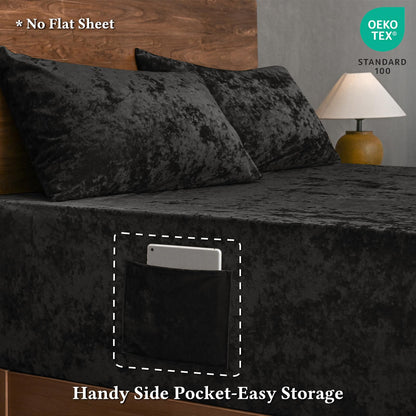 David's Home Velvet Fitted Sheets Set Queen Size Black, Extra Deep Pocket up to 18",Ultra Soft Fuzzy Luxury Plush Fleece Bottom Sheet with Side Pocket & Elastic Corner Straps, Fall Winter 🍁 All In One Marketplace Canada