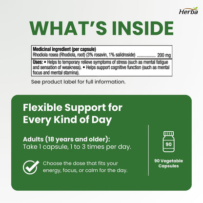 Herba Rhodiola Rosea Supplement 200mg - 90 Capsules | 6:1 Extract | Rhodiola Supplement with Min 3% Rosavins and 1% Salidrosides | Help Relieve Symptoms of Stress | Made in Canada - Available at All In One Marketplace Canada