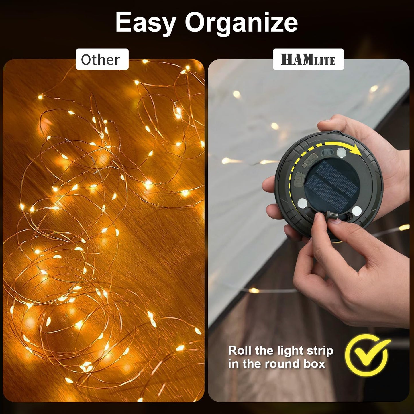 HAMLITE Solar Camping String Lights: 4 in 1 Camping Fairy Light - 32.8Ft Camping Lights with 5 Modes - USB Outdoor String Lights Rechargeable - Waterproof Retractable String Light for Hiking, Tent, RV