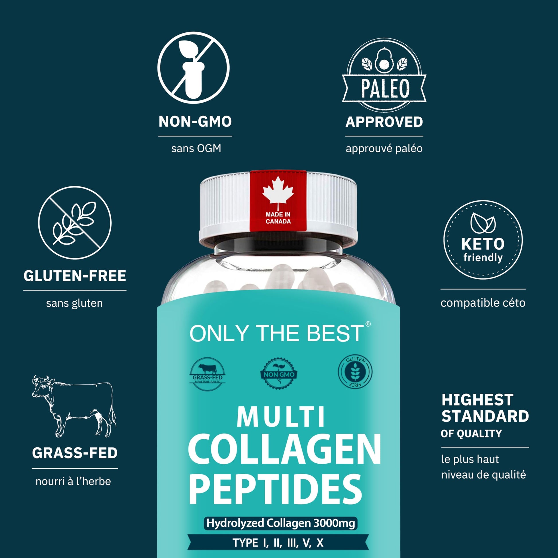 Premium Multi Collagen Peptides Capsules 3000mg - Types I, II, III, V, X To Support Skin, Hair, Nails & Bones - Helps Maintain Strong Joints, Ligaments, Muscles, & Digestive Health* - Hydrolyzed Collagen Supplement 180 Capsules - Available at All In One Marketplace Canada