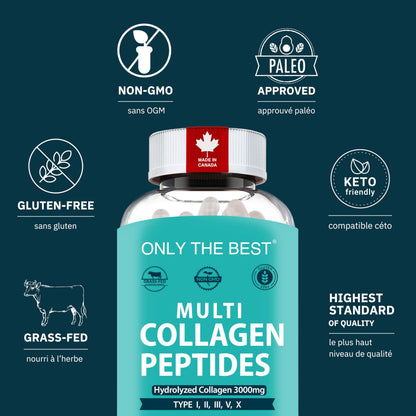 Premium Multi Collagen Peptides Capsules 3000mg - Types I, II, III, V, X To Support Skin, Hair, Nails & Bones - Helps Maintain Strong Joints, Ligaments, Muscles, & Digestive Health* - Hydrolyzed Collagen Supplement 180 Capsules - Available at All In One Marketplace Canada