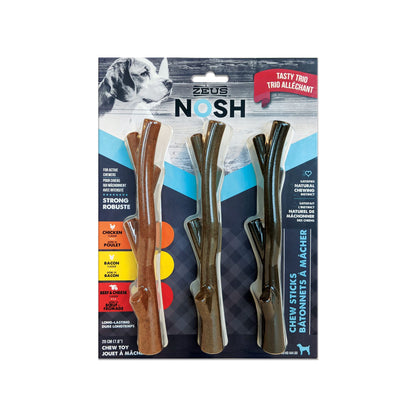 Zeus NOSH Chew Sticks Dog Toy, Assorted 3 Count (Chicken, Bacon, Beef) Zeus