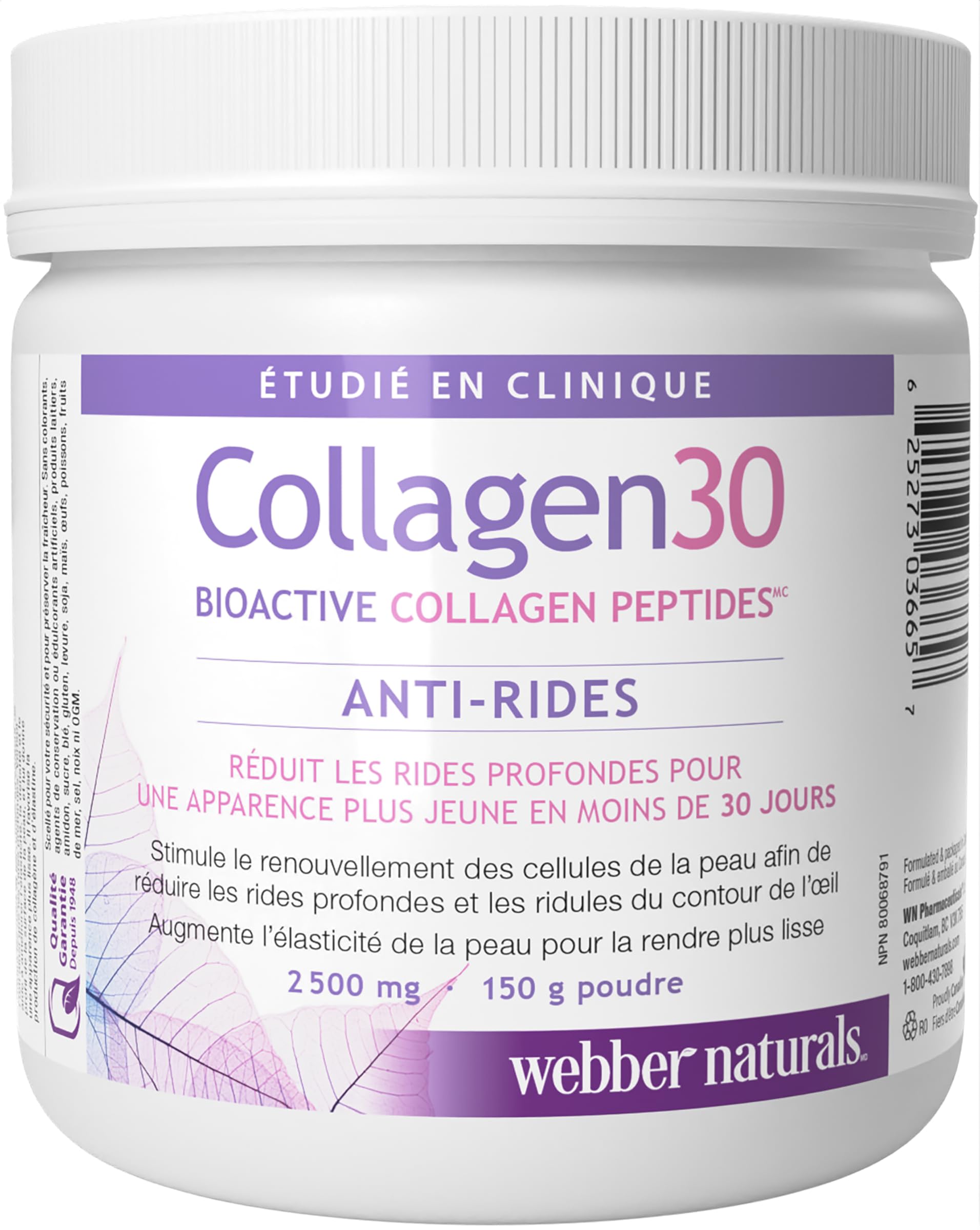 Webber Naturals Collagen30 Anti-Wrinkle Powder, 2500 mg of Bioactive Collagen Peptides Per Serving, 150 Grams, Helps Reduce Deep Wrinkles, Fine Lines & Stimulates Skin Cells - Available at All In One Marketplace Canada