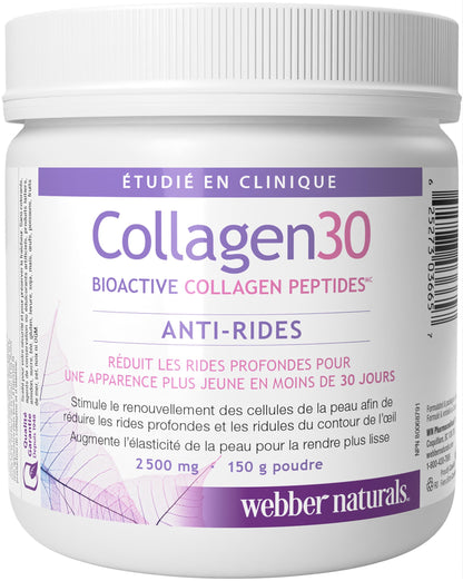 Webber Naturals Collagen30 Anti-Wrinkle Powder, 2500 mg of Bioactive Collagen Peptides Per Serving, 150 Grams, Helps Reduce Deep Wrinkles, Fine Lines & Stimulates Skin Cells - Available at All In One Marketplace Canada