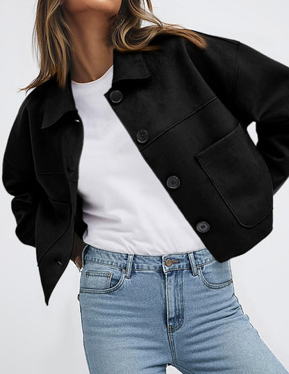 PRETTYGARDEN Women's Faux Suede Lightweight Cropped Jacket Black,S 🍁 All In One Marketplace Canada