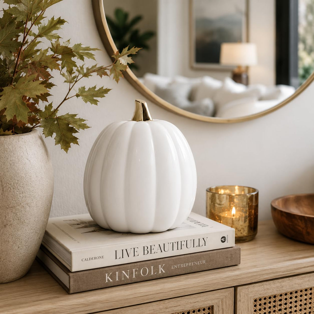 Citrouille en céramique blanche Pearhead, décoration d'automne pour la maison, décoration de fête moderne, décorations d'Halloween tendance, blanc, petit