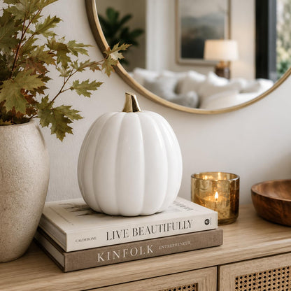 Citrouille en céramique blanche Pearhead, décoration d'automne pour la maison, décoration de fête moderne, décorations d'Halloween tendance, blanc, petit