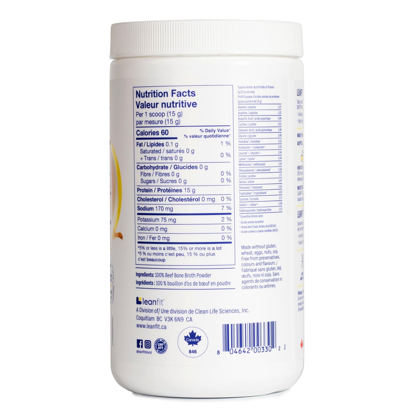 LeanFit Grass-Fed Beef Bone Broth Powder - 15g Protein, 19 Servings, 285g