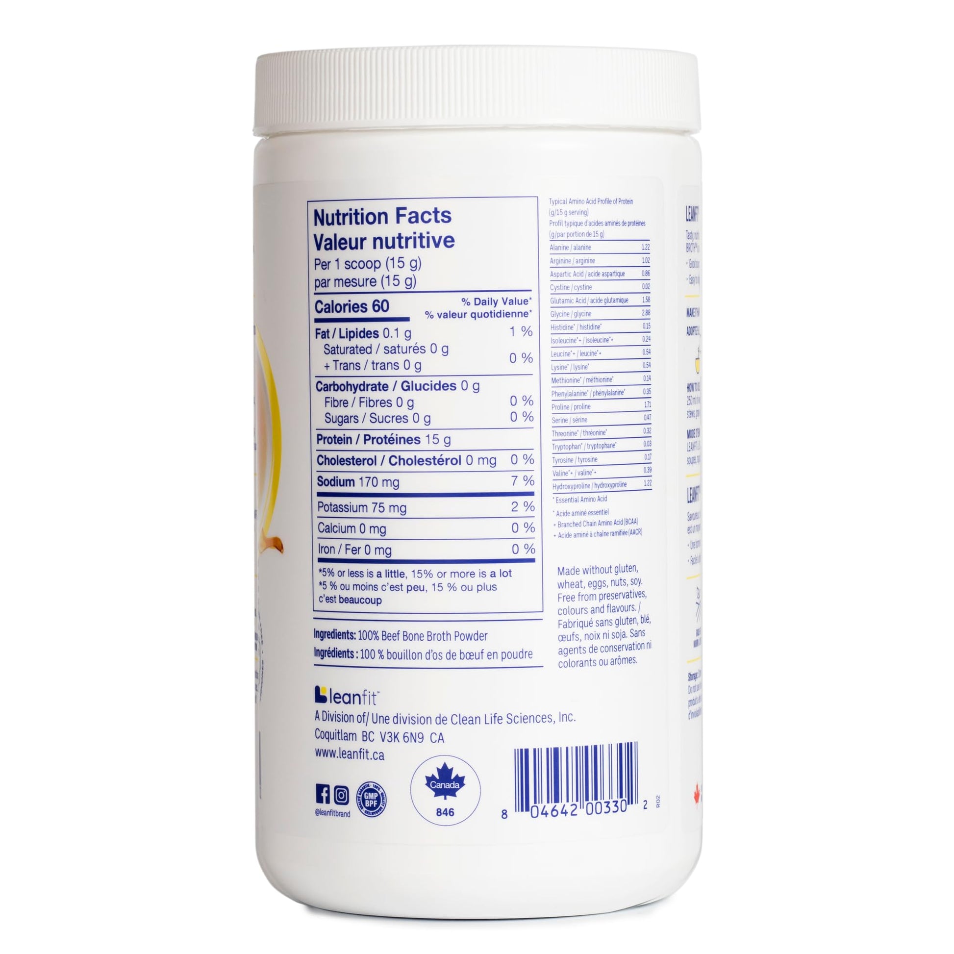 LeanFit Grass-Fed Beef Bone Broth Powder - 15g Protein, 19 Servings, 285g