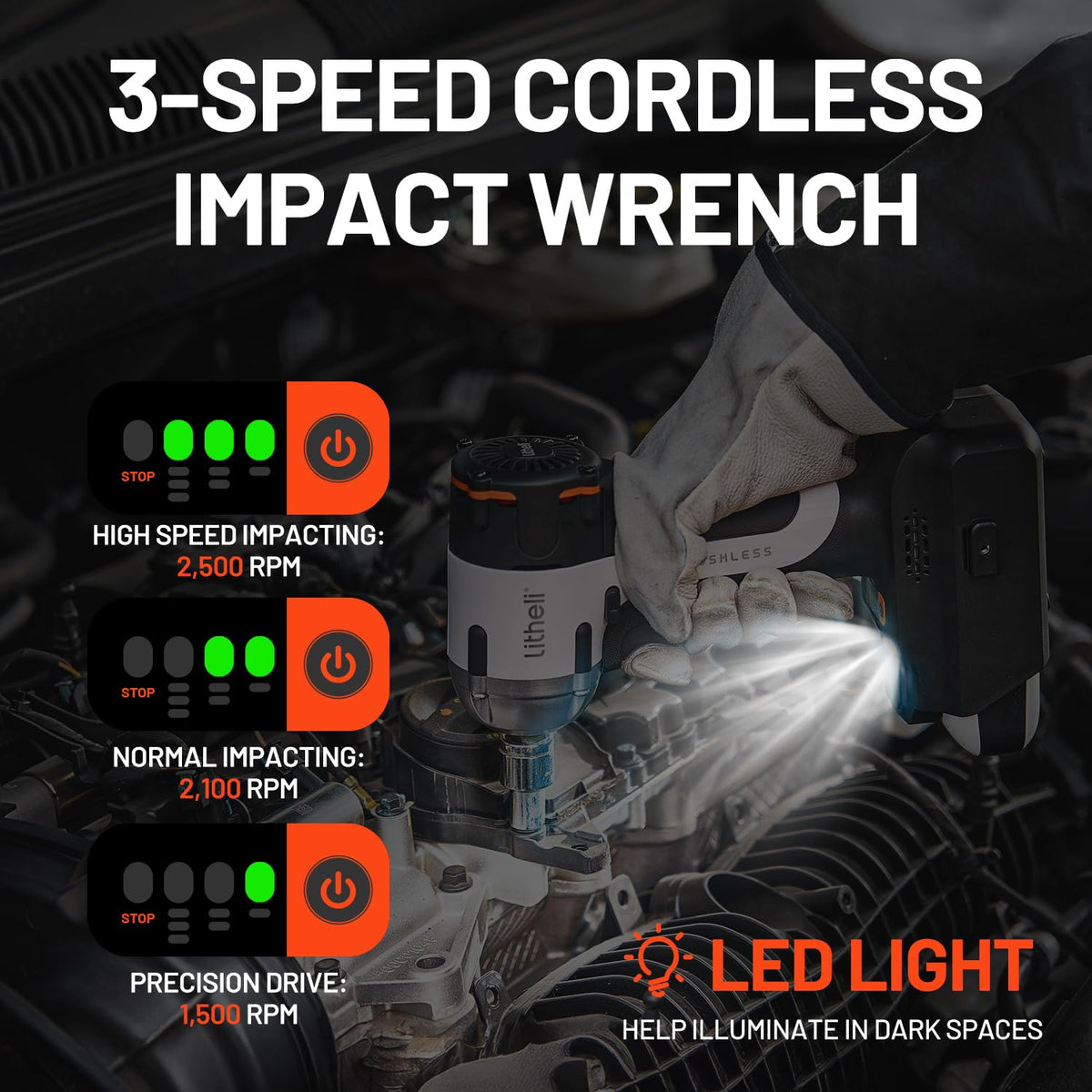 Litheli 20V Brushless Impact Wrench 1/2 inch, Max 330Ft-lbs (450N.m) High Torque Impact Gun, 2500RPM Variable Speed, 2.5Ah Battery for Car Tires, Heavy Duty Bolts & Home DIY (Charger Not Included)