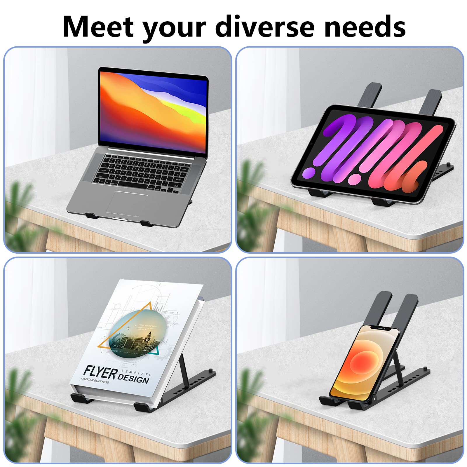 Laptop Stand for Desk, Adjustable Laptop Riser ABS+Silicone Foldable Portable Laptop Holder, Ventilated Cooling Pad Notebook Stand for 10-15.6” Laptops,Tablet-Black - Available at All In One Marketplace Canada