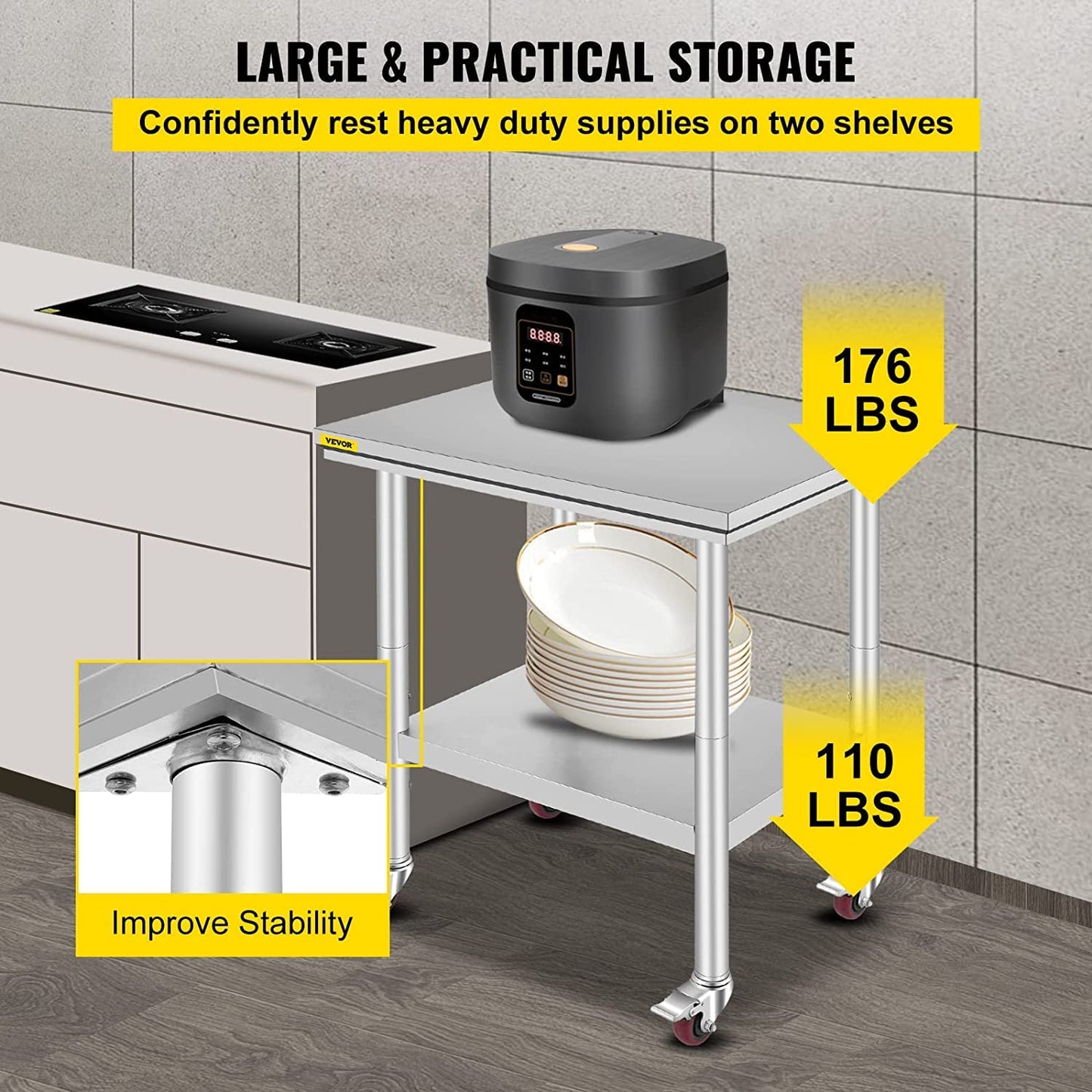 VEVOR Stainless Steel Work Table with Wheels 24 x 30 Prep Table with casters Heavy Duty Work Table for Commercial Kitchen Restaurant Business 🍁 All In One Marketplace Canada