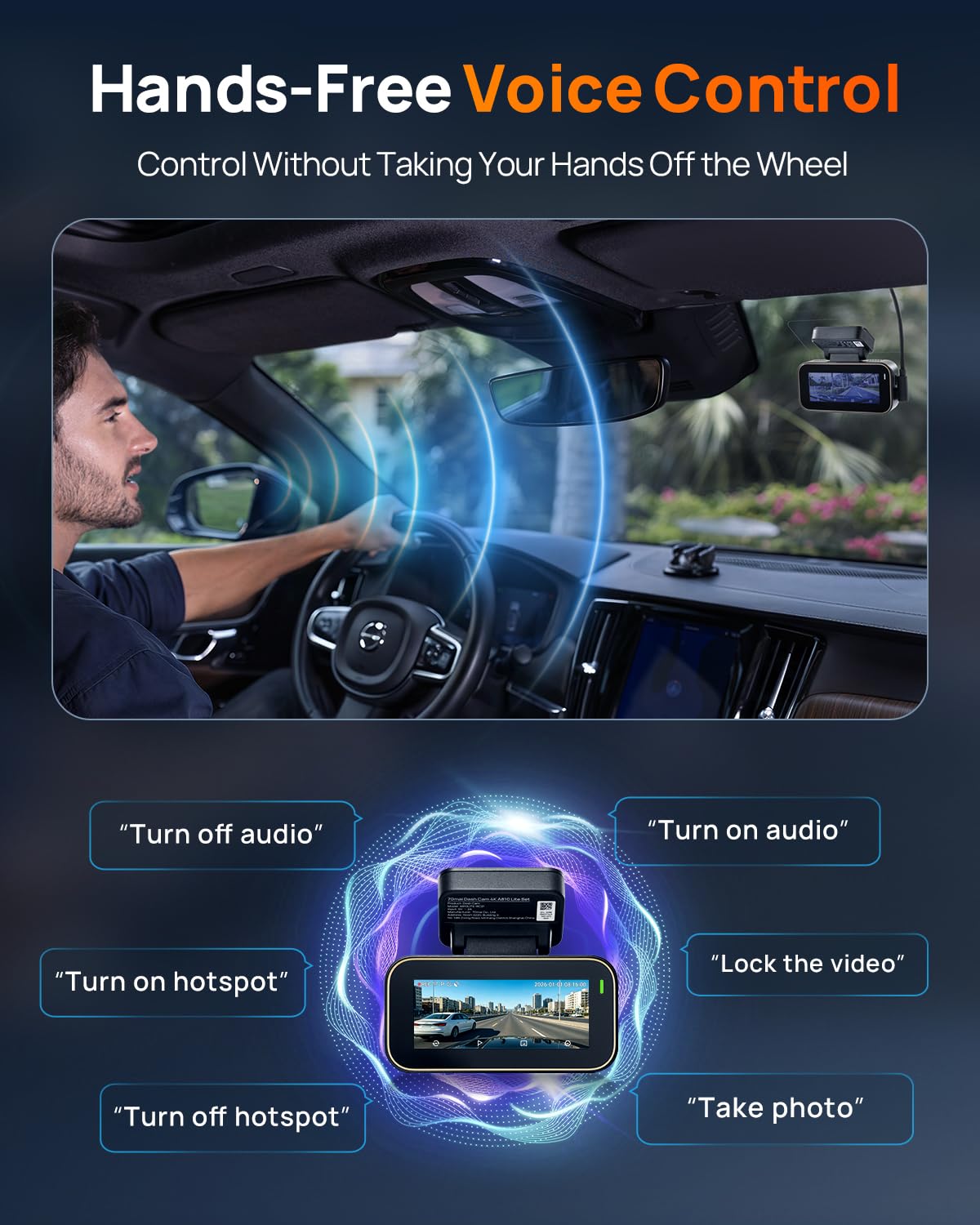 70mai A810 Lite 4K Dash Cam Front and Rear, 5GHz WiFi 6 DashCam, Car Camera with GPS Tracking, HDR Night Vision, 24H Parking Mode, Voice Control, Emergency Lock, Loop Recording, Support 512GB Max