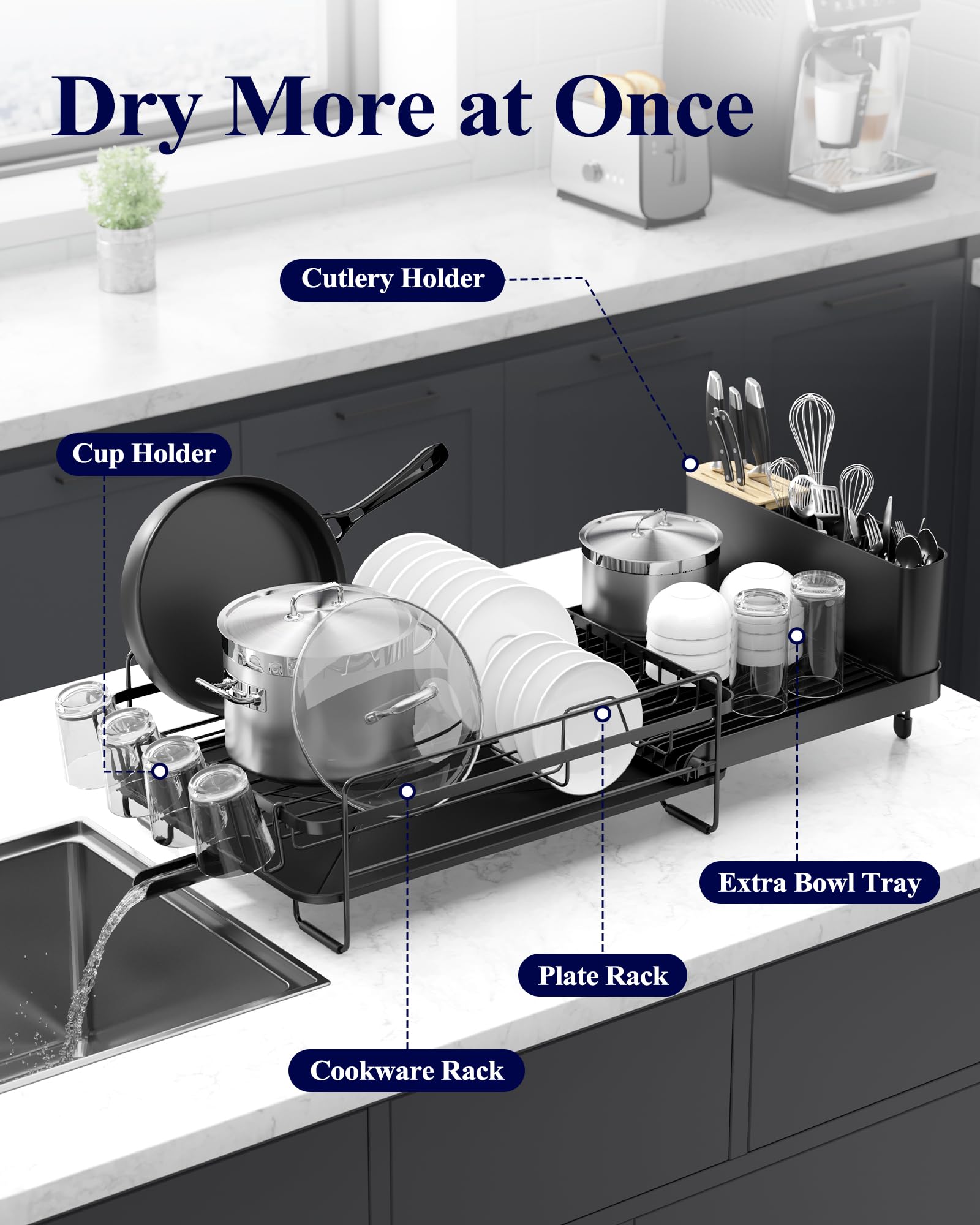 Kitsure Large Dish Drying Rack - Extendable Stainless Steel, Anti-Rust Kitchen Counter Rack with Cutlery & Cup Holders, 67.8 x 32.8 x 15.0cm, Black - Available at All In One Marketplace Canada