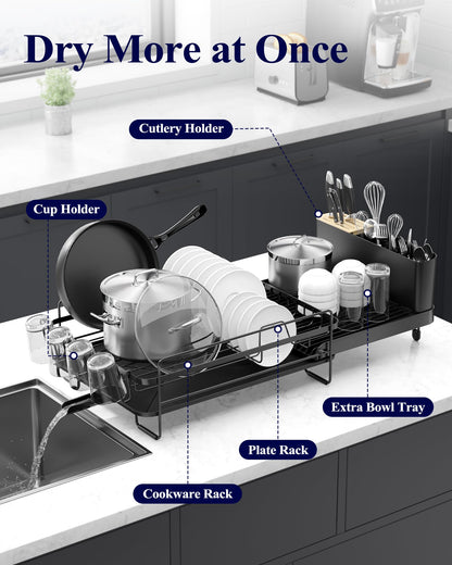 Kitsure Large Dish Drying Rack - Extendable Stainless Steel, Anti-Rust Kitchen Counter Rack with Cutlery & Cup Holders, 67.8 x 32.8 x 15.0cm, Black - Available at All In One Marketplace Canada