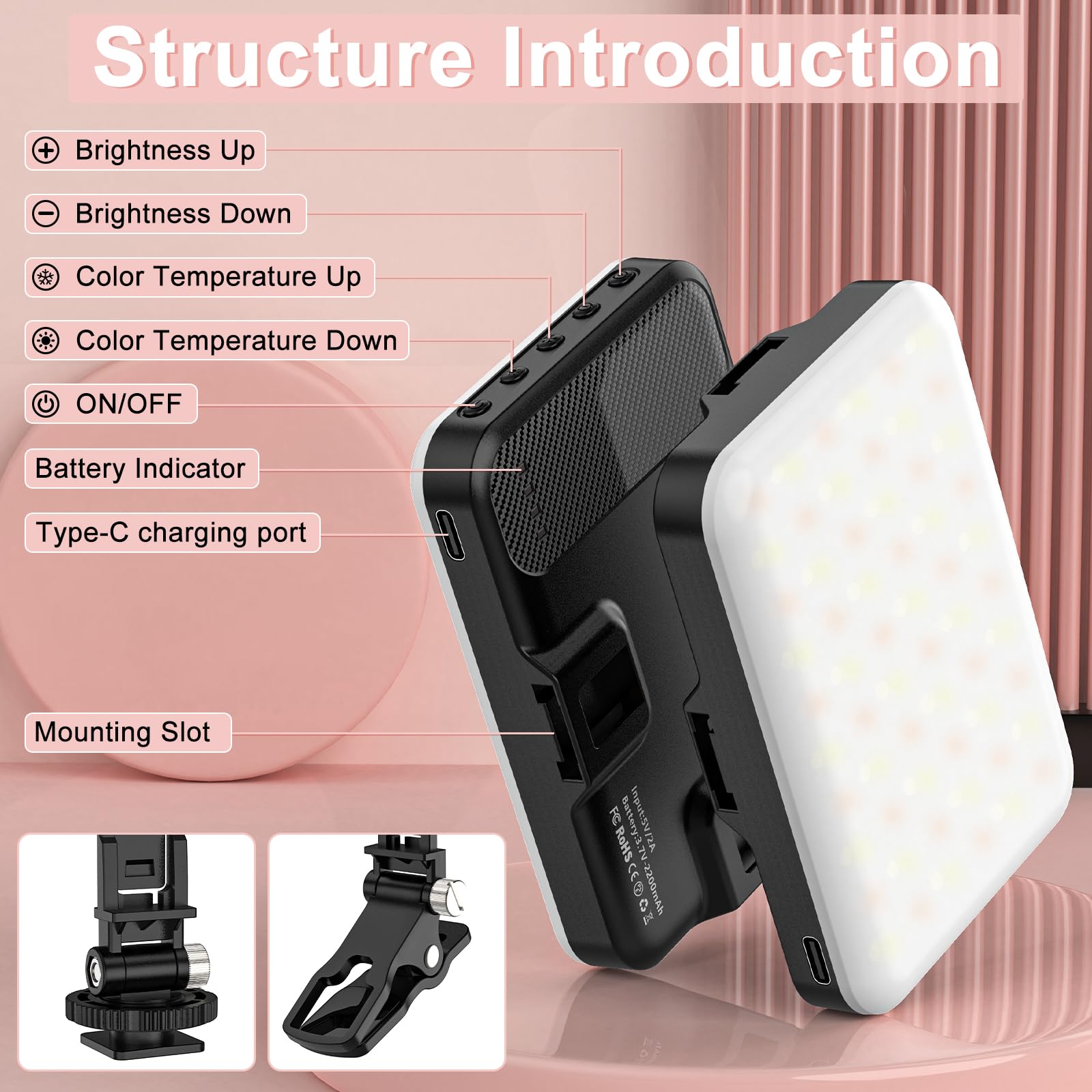 Anautin Selfie Light, 60 LED 2200mAh Rechargeable Clip Fill Video Light (Black)