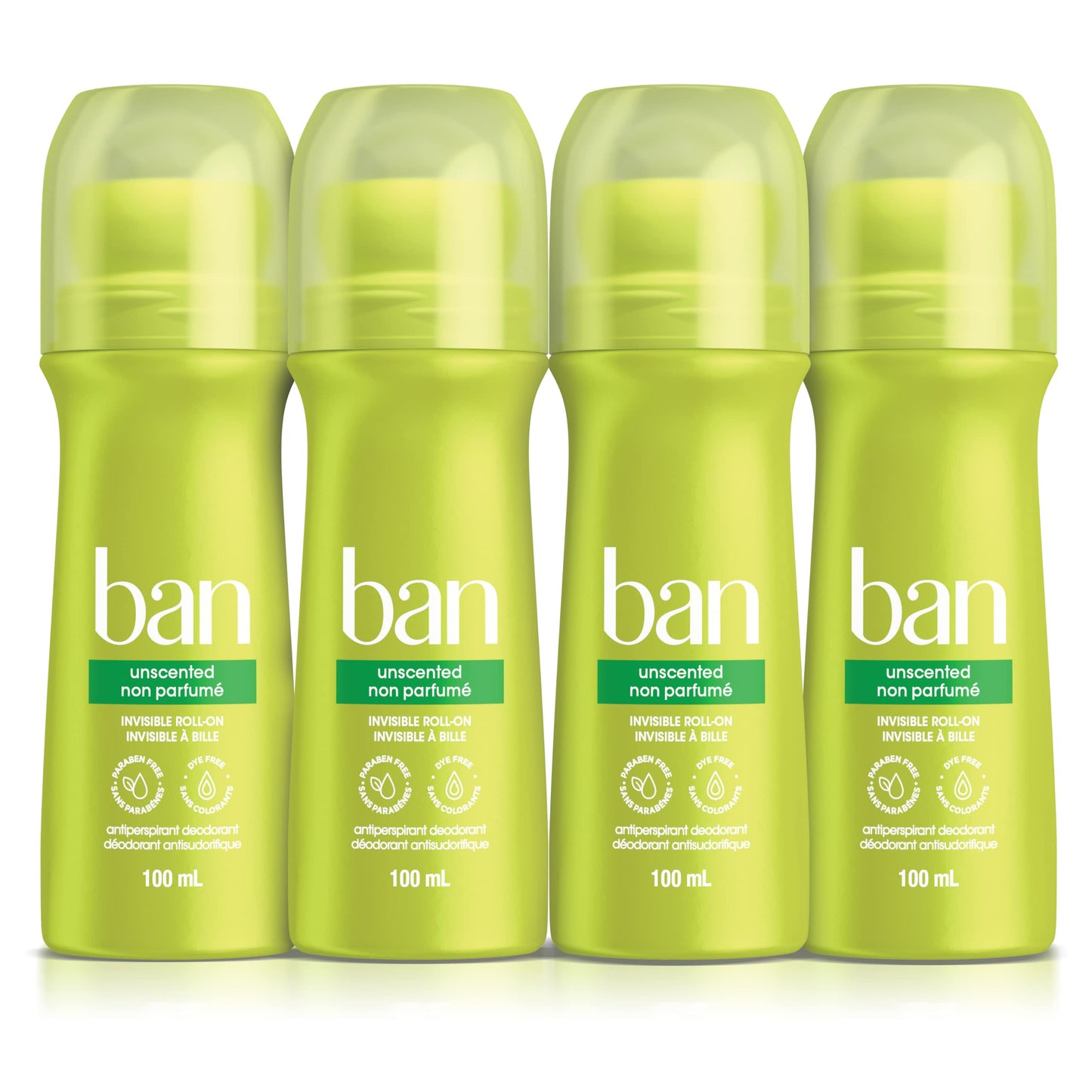 Ban Unscented Roll-on Antiperspirant Deodorant, 24-Hour Protection, Pack of 4 | Made in Canada Ban