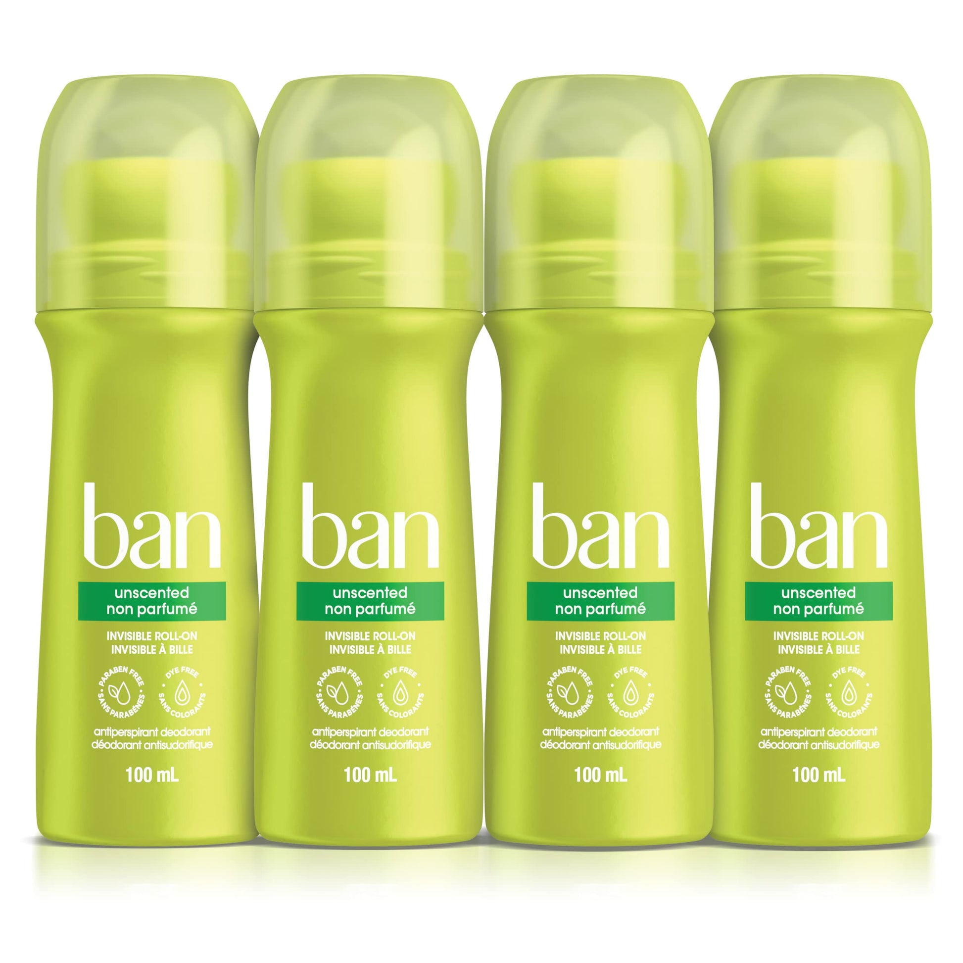 Ban Unscented Roll-on Antiperspirant Deodorant, 24-Hour Protection, Pack of 4 | Made in Canada Ban
