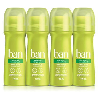 Ban Unscented Roll-on Antiperspirant Deodorant, 24-Hour Protection, Pack of 4 | Made in Canada Ban