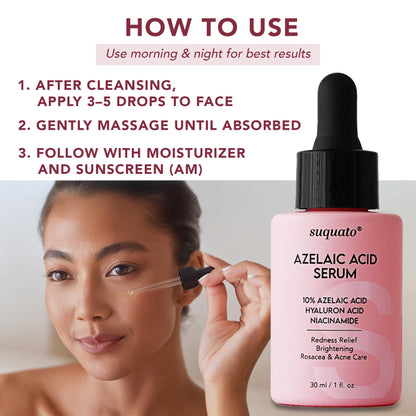 Suquato 10% Azelaic Acid Serum with Niacinamide & Hyaluronic Acid – Soothes Redness and Rosacea – Lightweight Face Serum for Even Tone (1 fl oz) - Available at All In One Marketplace Canada