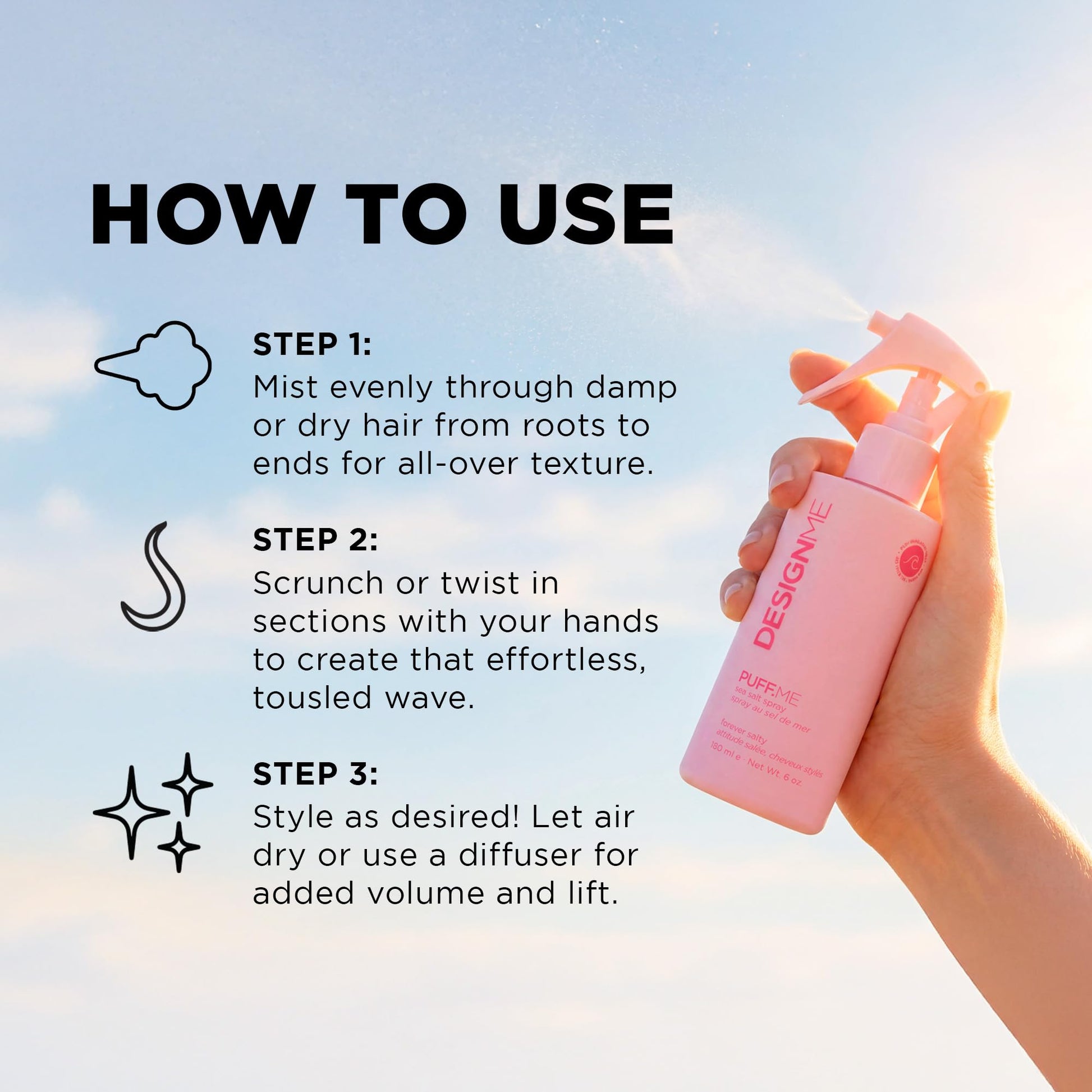 DESIGNME PUFF.ME Sea Salt Spray | Sea Salt Texture Spray for Beach Waves, Volume & Tousled Texture | Soft Hold, Lightweight Hydration & Non-Drying Sea Salt Hair Spray for Women - Available at All In One Marketplace Canada