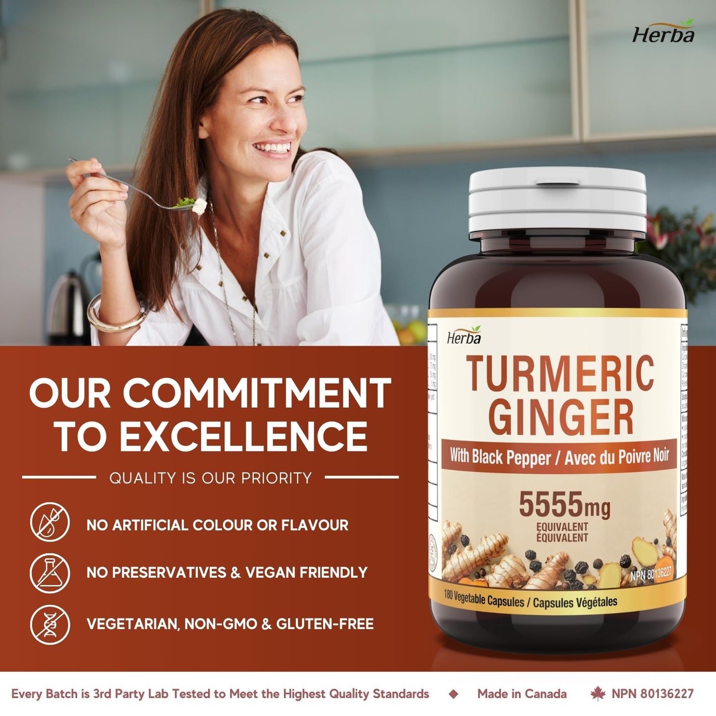 Herba Turmeric Supplements for Inflammation with Black Pepper and Ginger - 180 Capsules | 5,555mg Equiv. with 95% Turmeric Curcumin Supplements with Black Pepper | Joint Pain Relief | Made in Canada - Available at All In One Marketplace Canada