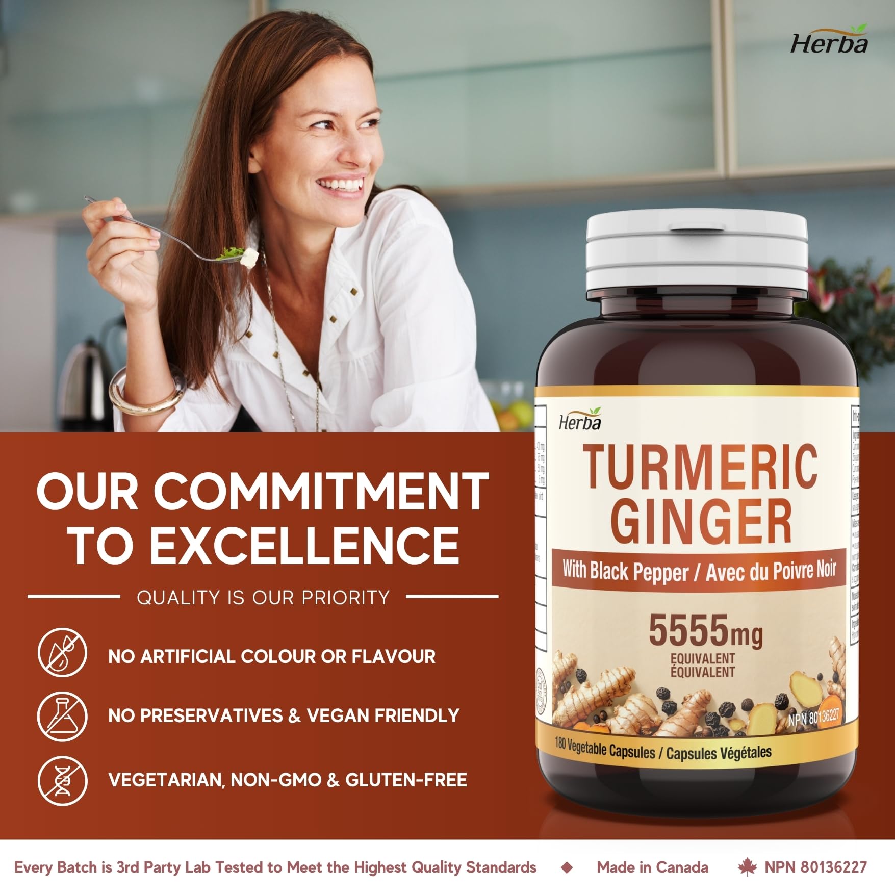 Herba Turmeric Supplements for Inflammation with Black Pepper and Ginger - 180 Capsules | 5,555mg Equiv. with 95% Turmeric Curcumin Supplements with Black Pepper | Joint Pain Relief | Made in Canada - Available at All In One Marketplace Canada