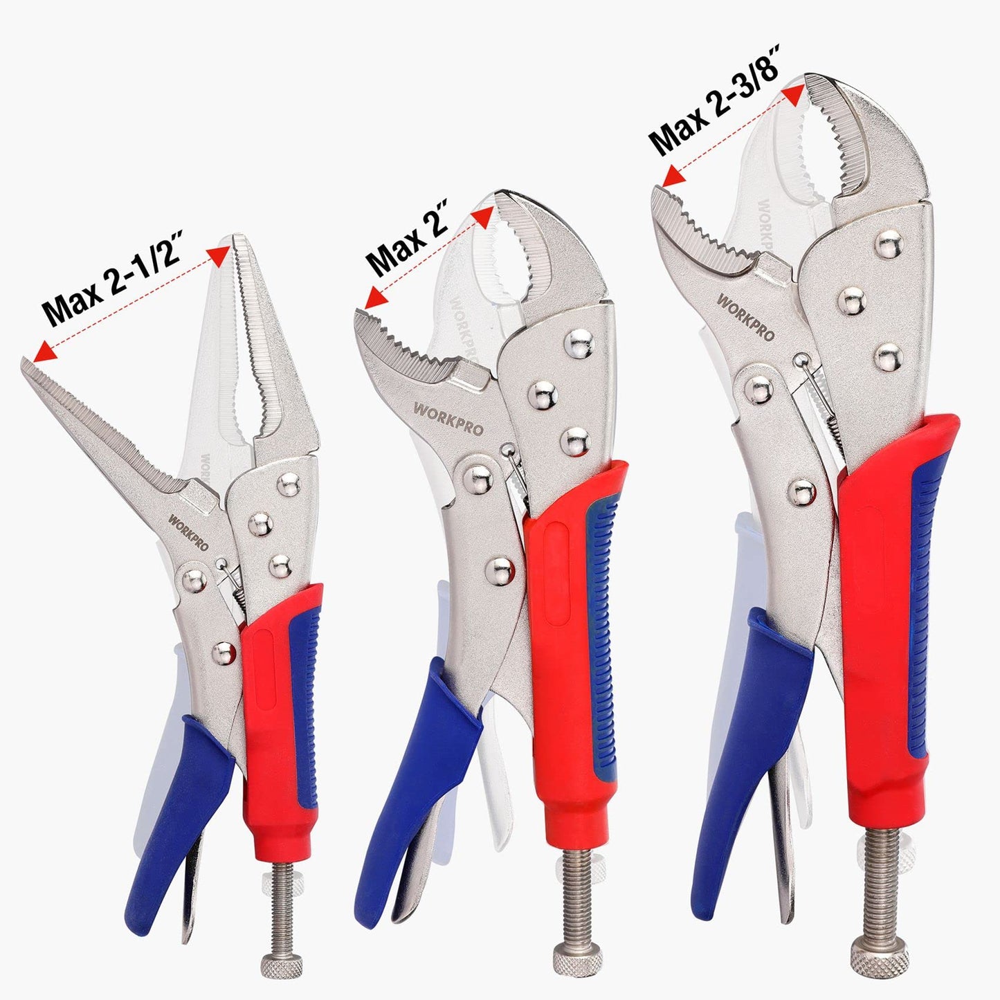 WORKPRO 3-piece Locking Pliers Set, 10-inch Curved Jaw, 7-inch Curved Jaw and 6-1/2-inch Straight Jaw WORKPRO