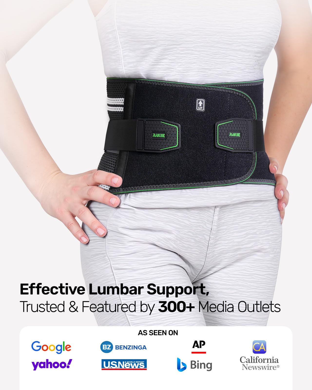 Rakiie Back Brace for Lower Back Pain Relief, 8X Powerful Lumbar Support with 3D Support Pad, Breathable Back Support Belt for Men Women, Green Size L