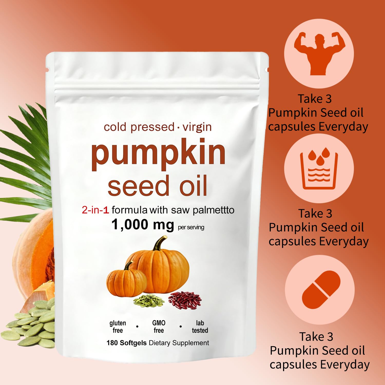KITABIO Pumpkin Seed Oil Capsules | Pumpkin Seed Oil with Saw Palmetto - Cold-Pressed | Easy-to-Swallow Softgels – Resealable Package | Non-GMO - 180 Pc/1 Bag (Z-1) - Available at All In One Marketplace Canada