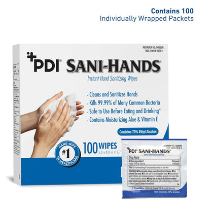 Sani-Hands Hand Sanitizer Wipes, Ethyl Alcohol Wipes Individually Wrapped with Aloe and Vitamin E, Hand Sanitizer Travel, Home, Outdoor Use, 5 in x 8 in, 100 Wipes, 1 Pack - Available at All In One Marketplace Canada