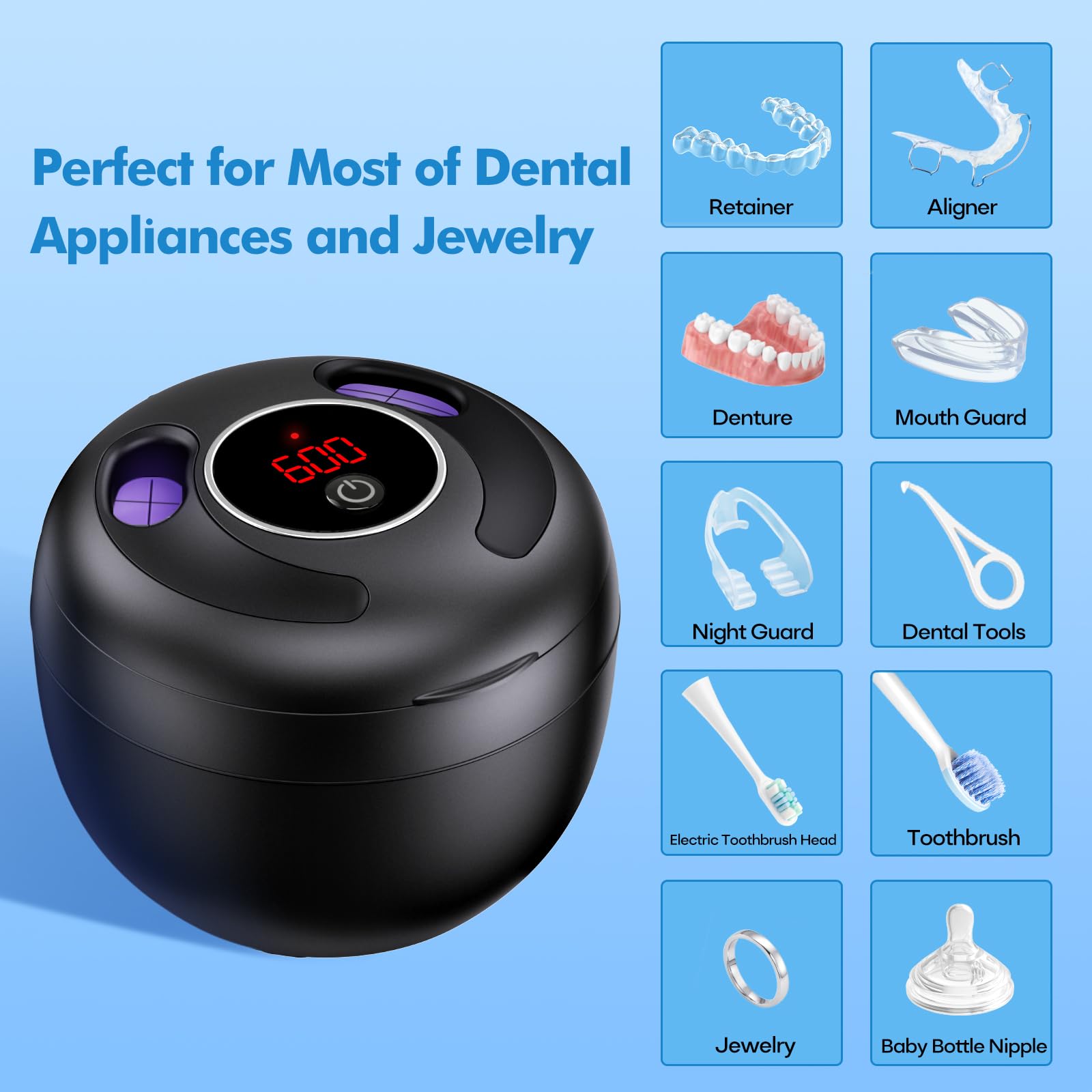 Upgraded Ultrasonic Retainer Cleaner Machine, 45kHz Ultrasonic Dentures Cleaner for Night Guards, Braces, Aligner, Toothbrush, Jewelry and More, 200ML Capacity, Black1 - Available at All In One Marketplace Canada