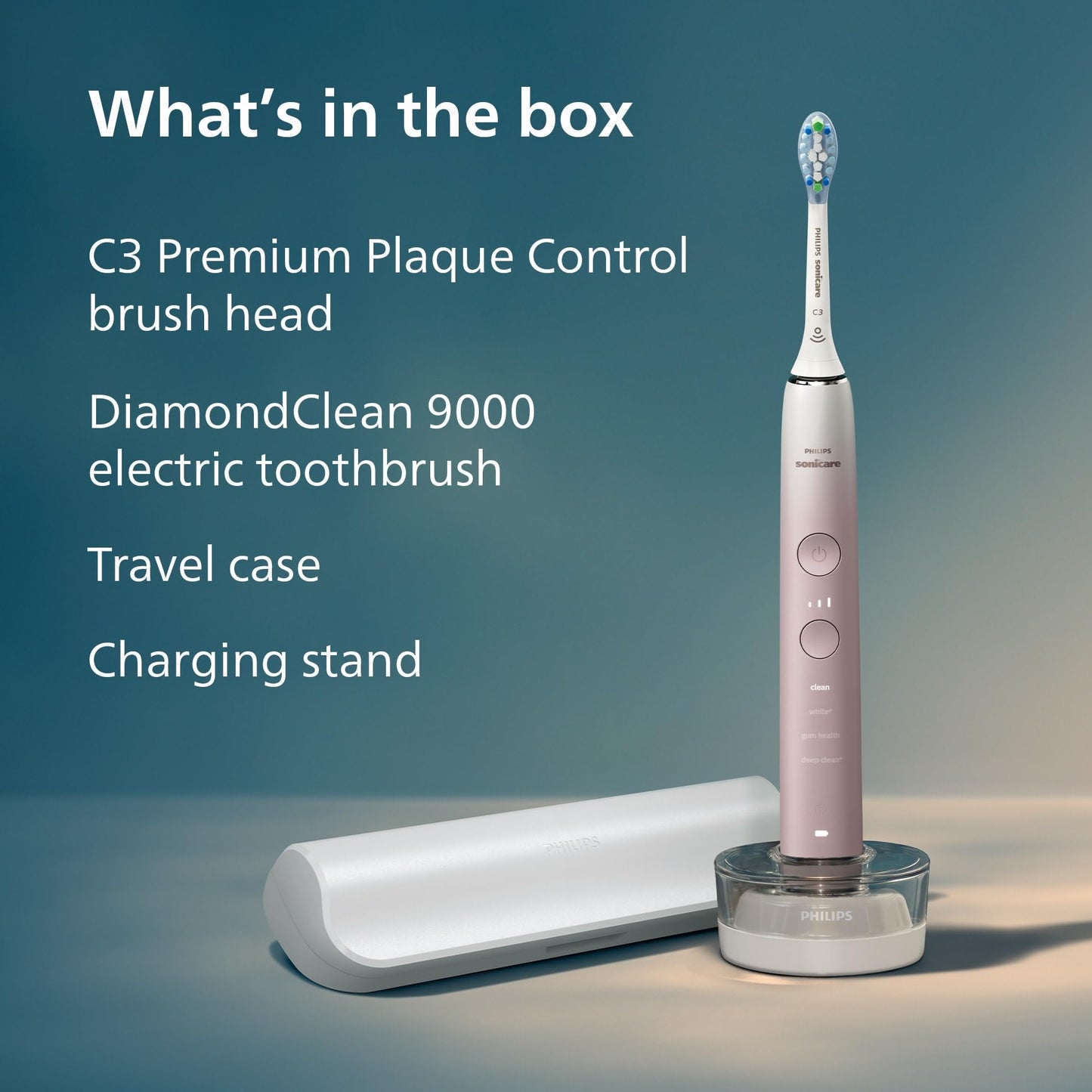 Philips Sonicare DiamondClean 9000 Electric Toothbrush - Sonic Toothbrush with App, Pressure Sensor, 12 Brushing Settings, Brush Head Replacement Reminder, Charging Stand, Travel Case, Pink, HX9911/90