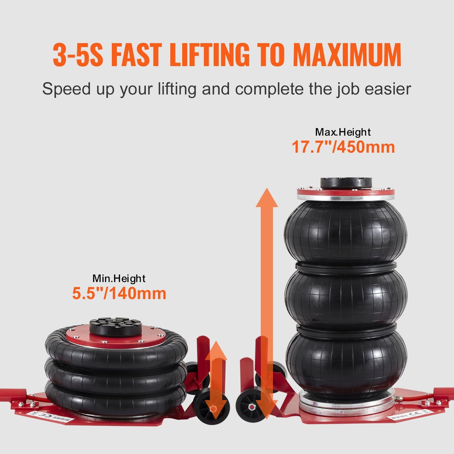 VEVOR Air Jack, 3 Ton/6600 lbs Triple Bag Air Jack, Airbag Jack with Six Steel Pipes, Lift up to 17.7 inch/450 mm, 3-5 s Fast Lifting Pneumatic Jack, with Long Handles for Cars, Garages, Repair, (Red) VEVOR