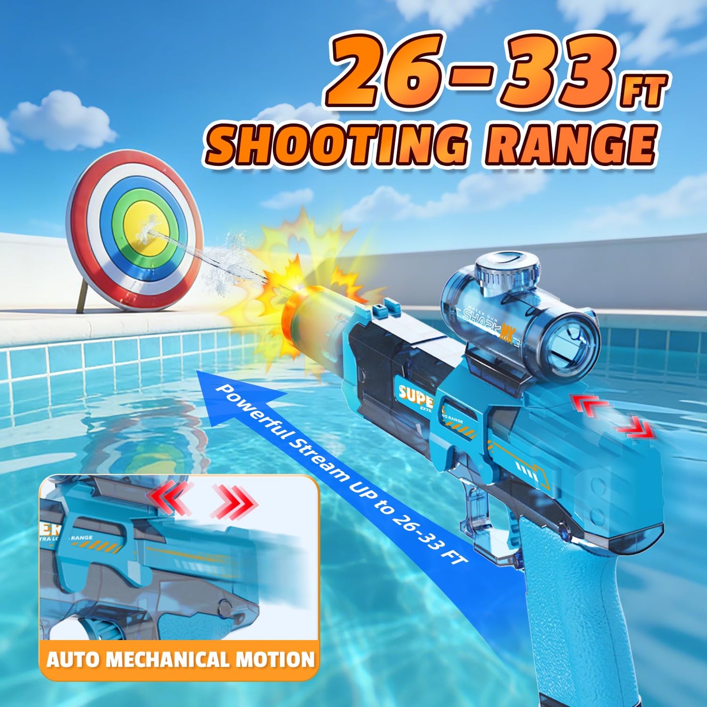 4PCS Electric Water Gun for Kids Adults,Mini Auto Squirt Gun with Flashing Muzzle,26FT Range,Leak-Proof Rechargeable Water Blaster for Summer Pool Beach Water Fights (Black+Blue)