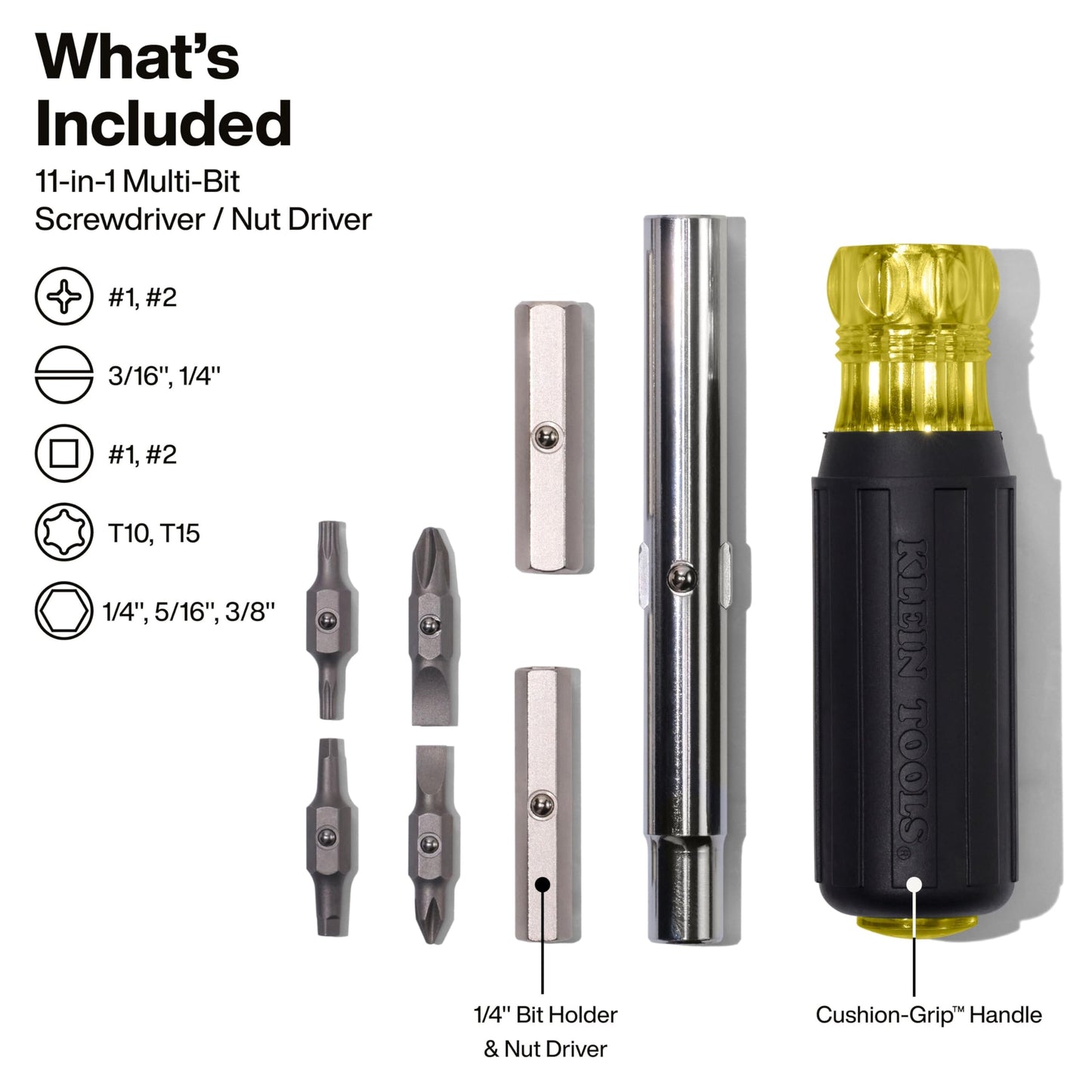 Klein Tools 32500 11-in-1 Screwdriver/Nut Driver Set, 8 Bits (Phillips, Slotted, Torx, Square), 3 Nut Driver Sizes, Cushion Grip Handle KLEIN TOOLS