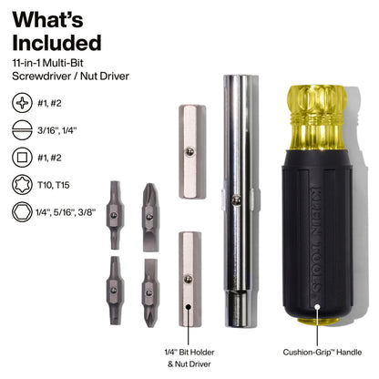 Klein Tools 32500 11-in-1 Screwdriver/Nut Driver Set, 8 Bits (Phillips, Slotted, Torx, Square), 3 Nut Driver Sizes, Cushion Grip Handle KLEIN TOOLS