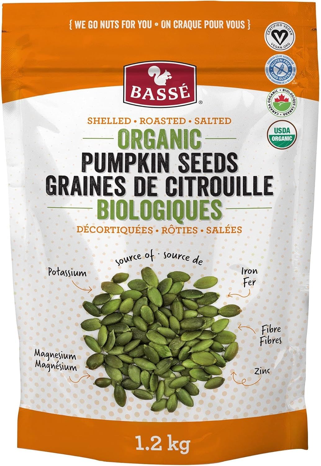 Bassé Organic Dry Roasted Pumpkin Seeds (Shelled), 1.2kg