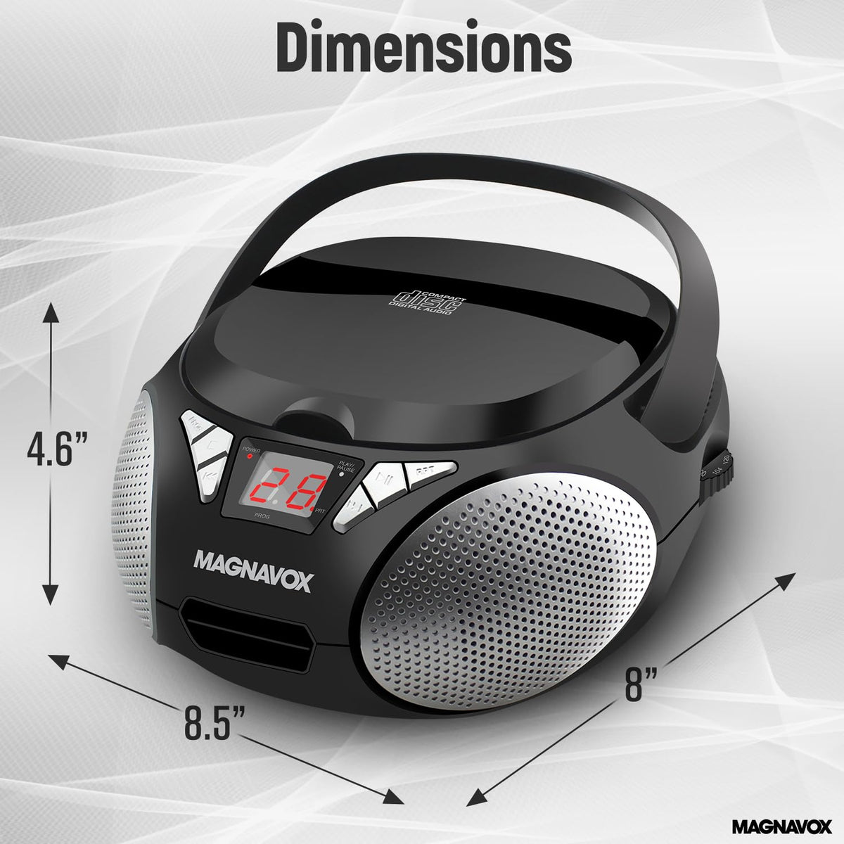 Magnavox MD6924 Portable Top Loading CD Boombox with AM/FM Stereo Radio in Black | CD-R/CD-RW Compatible | LED Display | AUX Input | Programmable CD Player | 1.6 watts of Audio