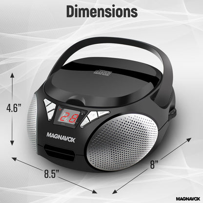 Magnavox MD6924 Portable Top Loading CD Boombox with AM/FM Stereo Radio in Black | CD-R/CD-RW Compatible | LED Display | AUX Input | Programmable CD Player | 1.6 watts of Audio