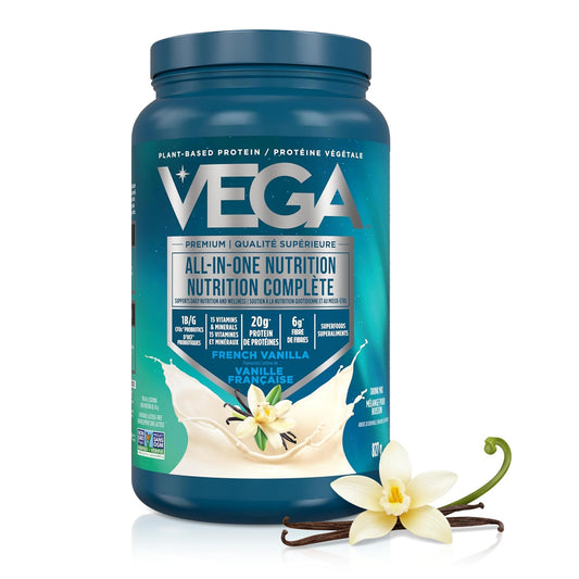 Vega Premium All-in-One Nutrition Protein Powder – 20g Plant-Based Vegan Protein, Vitamins & Probiotics, Vanilla, 827g (20 Servings)