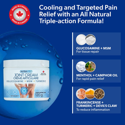 Cooling Arthritis Pain Relief Cream – Non-Greasy & Fast Absorbing Joint Cream with Glucosamine, MSM, Turmeric, Camphor & Menthol. For Joints, Muscles, Hands, Knees, Neck & Back. Made in Canada. - Available at All In One Marketplace Canada